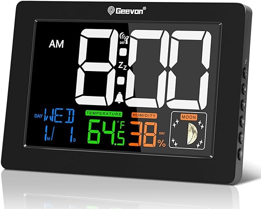 Geevon Digital Atomic Alarm Clock, Large Color Display Small Atomic Clock with Backligth, Indoor Temperature and Humidity, Moon Phases, Date, and Time for Bedroom, Office