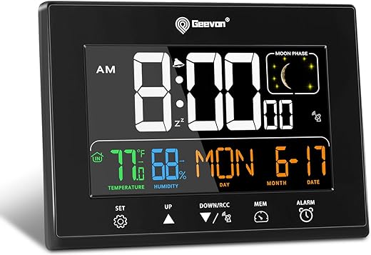 Geevon Digital Atomic Alarm Clock, Large Color HD Display Auto Set Clock with 2 USB Charging Ports, Indoor Temperature & Humidity, Date, Moon Phases for Home, Office