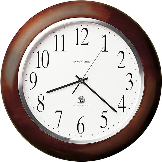 Howard Miller Murrow Wall Clock 625-259 – Windsor Cherry Finish, Satin Silver Bezel, White Dial with Black Arabic Numerals & Atomic Radio Controlled Movement