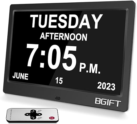 10.1" Digtal Clock with Day and Date for Seniors, Large LCD Display, Auto Dimmable, 12 Alarm Settings - Best Gift for Elderly