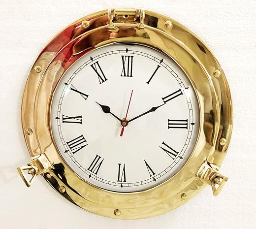 12" Antique Marine Solid Brass Ship Porthole Analog Clock Nautical Wall Hanging Clock Home Decor