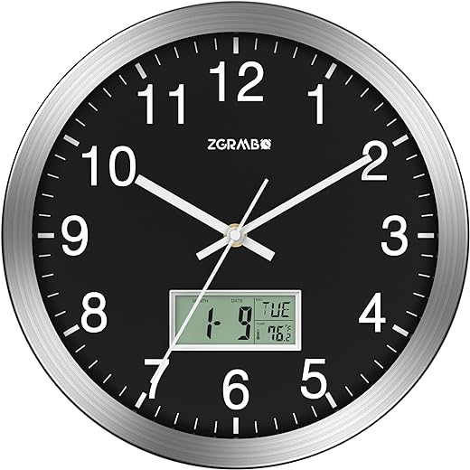 12 Atomic Analog Wall Clock with Digital Date, Week & Indoor Temp - Battery Operated Atomic Wall Clock, Auto Sets, Auto DST, Silver Brushed Finish, Easy to Read, Style fits Any Decor (Silver & Black)