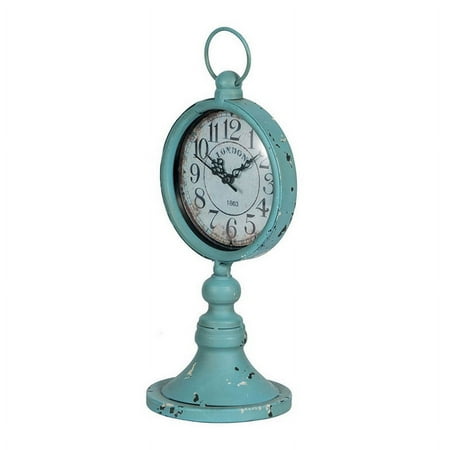 13 Inch Decorative Table Clock, Iron, Vintage Inspired Design, Aqua Blue