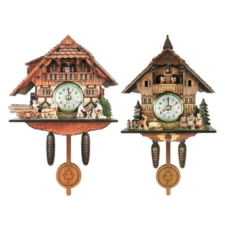 2x Vintage Design Wooden Frame Cuckoo Clock Quarz Movement Wall Clock Wooden