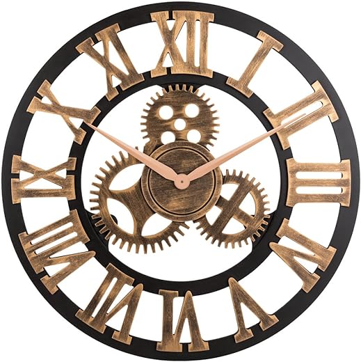 33 Roman Bronze Noiseless Silent Gear Wall Clock - Large 3D Retro Rustic Country Decorative Luxury Art Big Wooden Vintage for House Warming Gift (33 inches, Roman-Anti-Bronze)