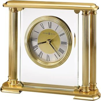 Howard Miller Challis Table Clock 547-649 – Brushed Solid Brass Finish, Glass Crystal, Polished Edges, Brass Feet & Felt Bottom, Antique Home Décor, Quartz Movement