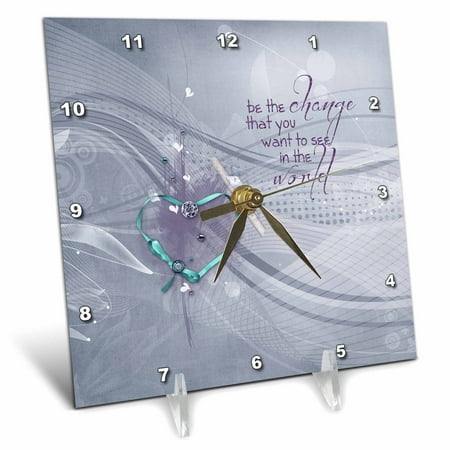 3dRose Aqua Heart Ribbon, Diploma, Jewels, Be the change, Lavender Abstract - Desk Clock, 6 by 6-inch