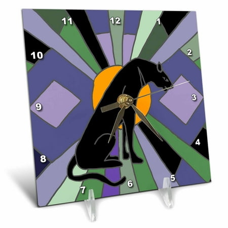 3dRose Fun Artistic Cool Black Panther Cat Art Deco - Desk Clock, 6 by 6-inch