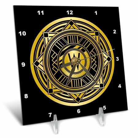 3dRose Letter W Art Deco Geometric Monogram in Faux Gold and Black - Desk Clock, 6 by 6-inch