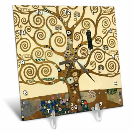 3dRose The Tree of Life 1909 by Gustav Klimt - stylish swirling branches - brown - fine art deco swirls - Desk Clock, 6 by 6-inch