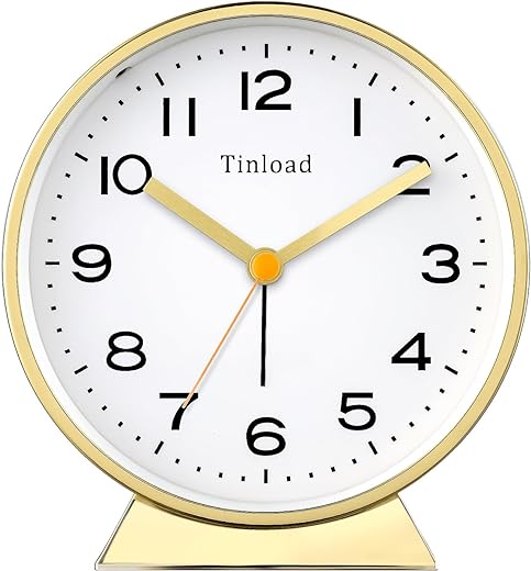 4.5 Battery Operated Antique Retro Analog Alarm Clock, Small Silent Bedside Desk Clock with Night Light, Battery Operated, Snooze, for Living Room, Bedroom, Bedside, Desk(Gold)