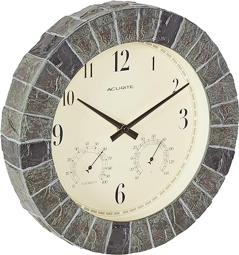 AcuRite 02418 14-Inch Faux-Slate Indoor/Outdoor Wall Clock with Thermometer, Hygrometer