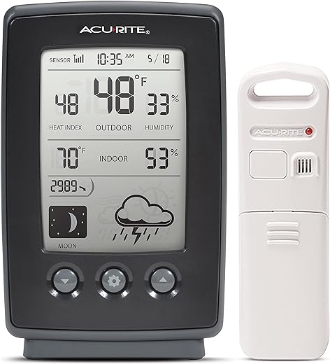 AcuRite Digital Weather Forecaster with Indoor/Outdoor Temperature, Humidity, and Moon Phase (00829), Black