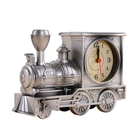 Antique Locomotive Shape Alarm Clock Plastic Model Alarm Clock Creative Desktop Decor (Silver)