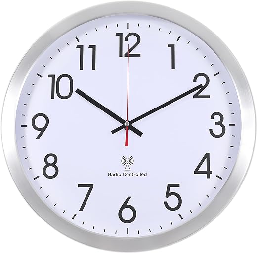 Atomic Analog Wall Clock, 14Inch Radio Controlled Sets Automatically Wall Clock, Aluminum Frame Wall Clock Decorative for Home Kitchen Living Room Bedroom Office School