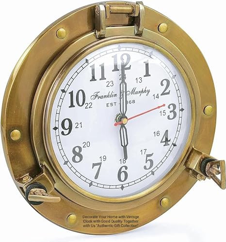 Authentic Gift Collection Antique Brass Nautical Porthole Clock with Franklin Murphy's Analog Beautiful Clock Face Maritime Decor (Antique Brass Rose Gold)