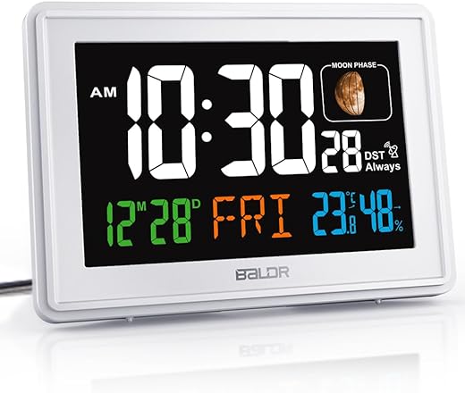 BALDR Atomic Alarm Clock - Large Color Display Digital Desk Clock - with Indoor Temperature & Humidity - Date & Real-Time Moon Phases - Perfect Office or Nightstand Clock (White)