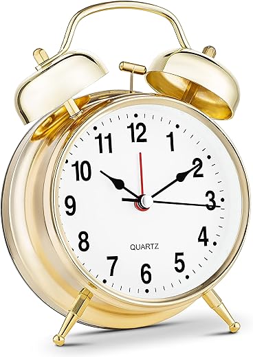 Bernhard Products Analog Alarm Clock Twin Bell 4" Gold Metal Extra Loud Quartz Battery Operated with Backlight, Silent Non-Ticking for Bedside Desk, Vintage Retro Antique Decorative Old School