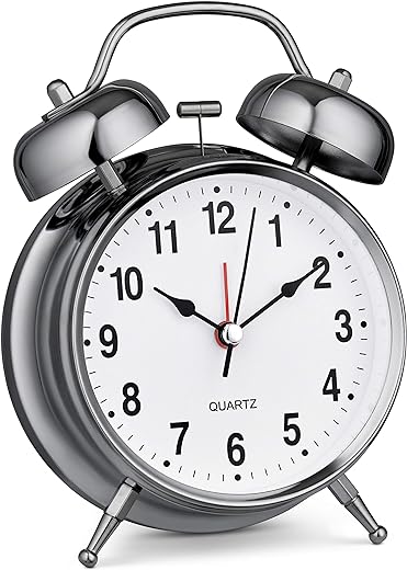 Bernhard Products Analog Alarm Clock Twin Bell 4" Silver Metal Extra Loud Quartz Battery Operated with Backlight Silent Non-Ticking for Bedside Desk Vintage Retro Antique Decorative Old School, Chrome