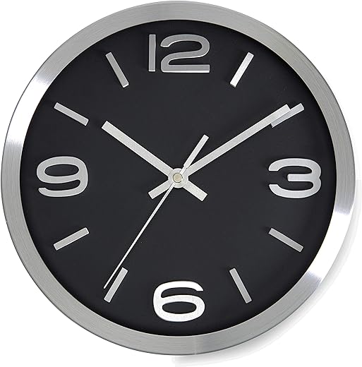 Bernhard Products Modern Wall Clock 10 Inch Black & Silver Silent Non Ticking Battery Operated Metal Round Elegant Quality Quartz, Kitchen Home Office Clock with 3D Numbers, Easy to Read