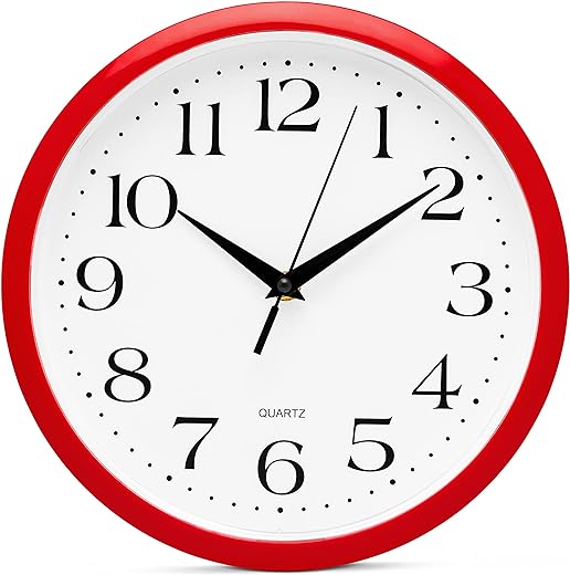 Bernhard Products Red Wall Clock Silent Non Ticking - 10 Inch Quality Quartz Battery Operated Round Easy to Read Home/Kitchen/Office/Classroom/School Clocks, Vintage Retro Red Frame Black Numbers