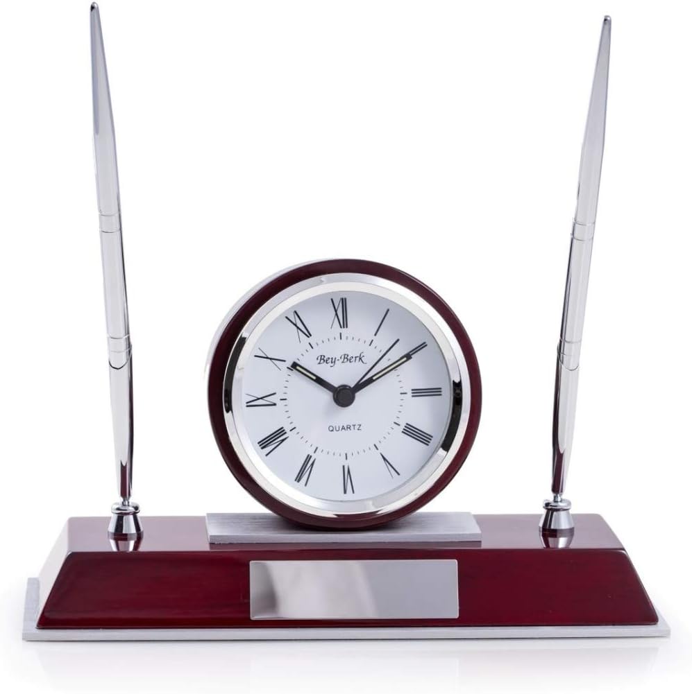 Bey-Berk CM681 Dresden, Lacquered Rosewood Quartz Desk Clock with Chrome & Stainless Steel Accents and 2 Pens, Brown