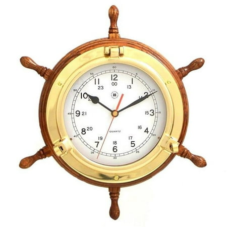 Bey-Berk International Lacquered Brass Porthole Quartz Clock with Ships Wheel in Oak Wood & Gold