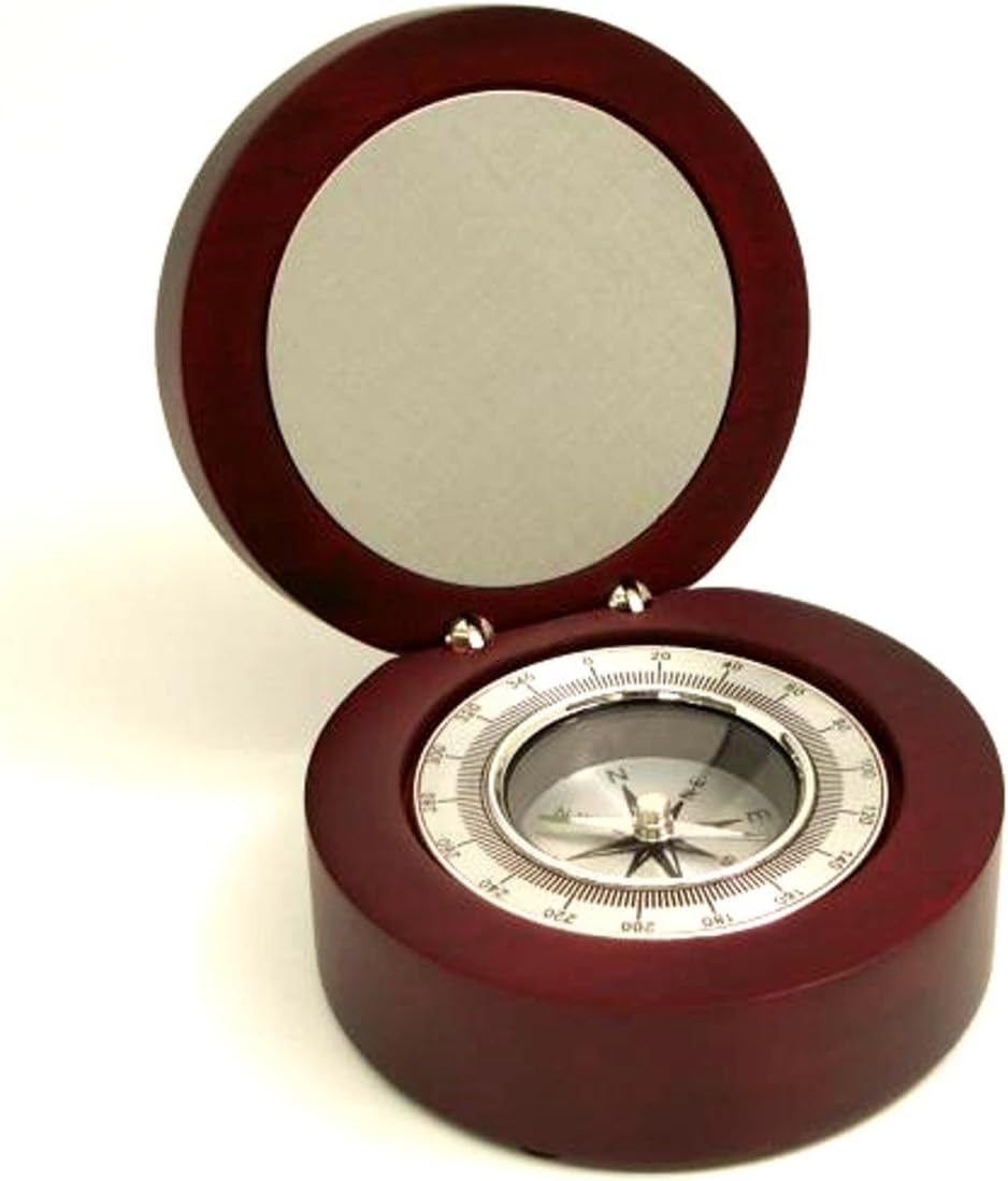 Bey-Berk SQ645T Compass in Rosewood Finished Hinged Box with Aluminum Plate and Accents, 3.50 H x 3.00 W x 3.00 D, Brown