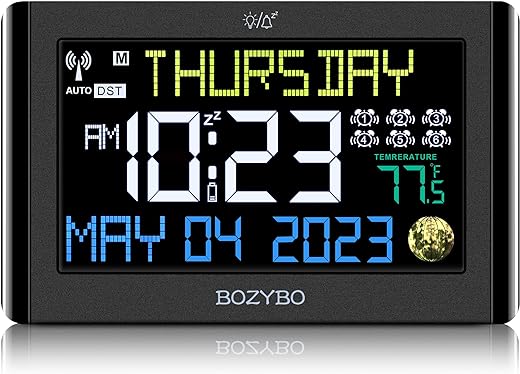 BOZYBO Digital Clock with 6 Alarm Clocks: Atomic Clock with Indoor Temperature Self Time Correction Clock with Day and Date for Elderly Adjustable Brightness Wall Clock or Desk Clock for Bedroom