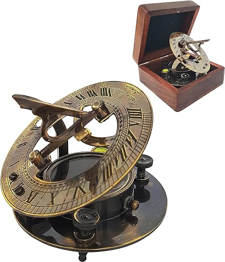 Brass Compass - Antique Brass Sundial Compass Marine Boat Gift Pocket Sun Dial in Box Nautical Marine Gift Sun Clock Pirate Ship Replica Watch