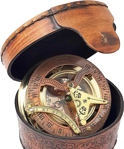 Brass Nautical - Antique Brass & Copper Sundial Compass, Sundial Clock in Box Gift Sun Clock Ship Replica Watch