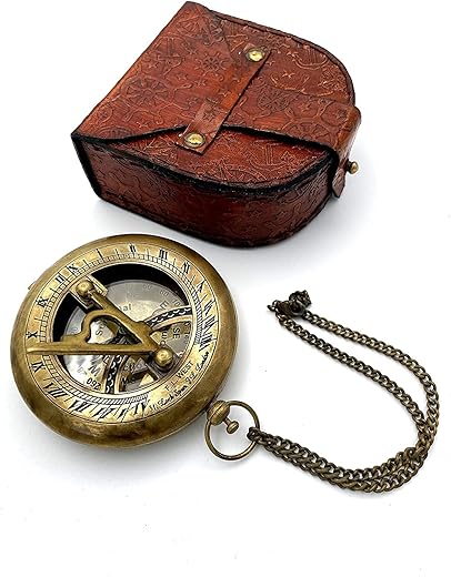 Brass Sundial Compass with Leather Case and Chain Push Open Compass Steampunk Sundial Clock Accessory Antiquated Finish Beautiful Handmade Gift