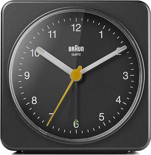 Braun Classic Analogue Clock with Snooze and Light, Quiet Quartz Sweeping Movement, Crescendo Beep Alarm in Black, Model BC03B