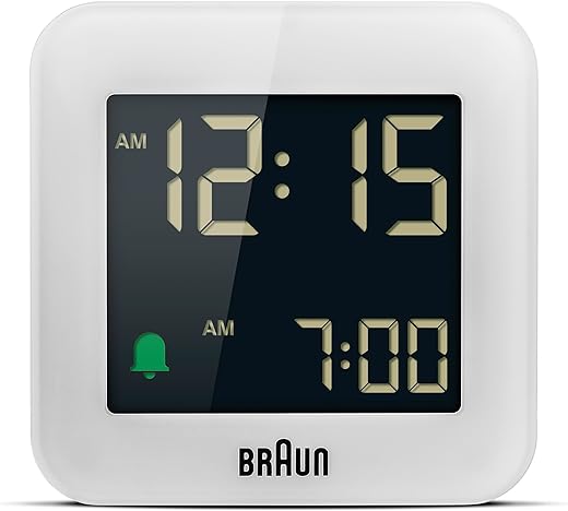 Braun Digital Travel Alarm Clock with Snooze, Compact Size, Negative LCD Display, Quick Set,Crescendo Beep Alarm in White, Model BC08W.