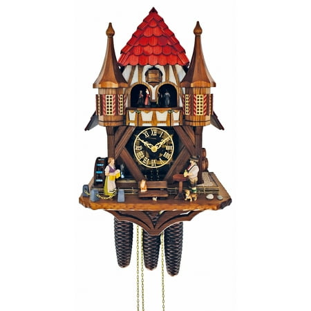 Cuckoo Clock Black Forest house with moving beer drinker and mill wheel