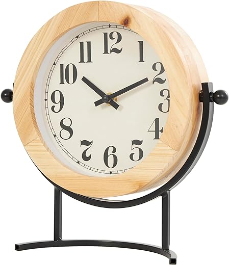 Deco 79 Wood Clock with Curved Black Metal Stand and Ball Details, 10" x 3" x 10", Light Brown