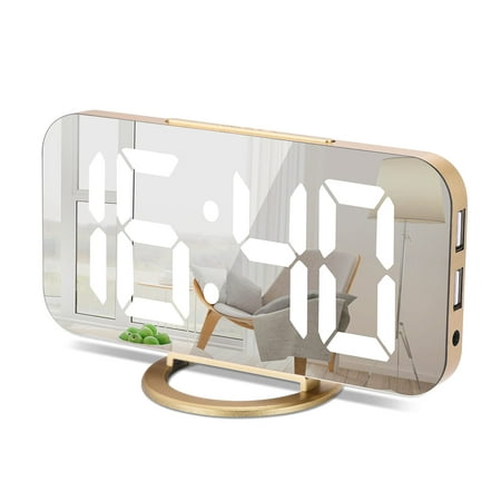 Digital Alarm Clock，6.6 Large Mirrored LED Clock Modern Mirror Desk Wall Clock with Dual USB Charger Ports Home Desk Alarm Clock (Gold)