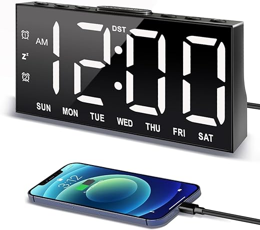 Digital Alarm Clock with Large Display Big Bold Numbers, Dimmer, 2 USB Charging Ports, Snooze, Small Table Desk Clock for Bedroom, Living Room, Clock for Heavy Sleepers