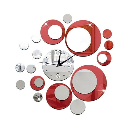 DIY 3D Acrylic Wall Clock Mirror Stickers for Home Living Room Office Decor (Red)