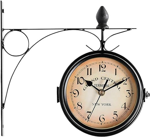 Double Sided Wall Clock, Vintage Clock Wall-Mounted Round Side Mount, Metal European Style Battery Powered Clock for Indoor Patio Garden Home Decor(Black)