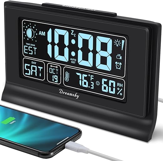 DreamSky Auto Set Alarm Clock with Indoor Temperature Humidity, Moon Phase, Bedroom Digital Clock with Date and Day of Week, Battery Backup, Dimmer, Auto DST, USB Port