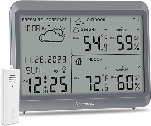 DreamSky Battery Powered Weather Stations Wireless Indoor Outdoor Thermometer, Digital Atomic Clock with Indoor/Outdoor Temp, Home Weather Forecast Clock with Inside Outside Temperature Humidity