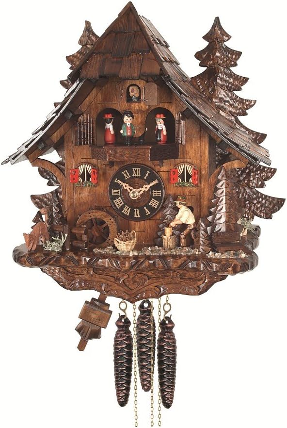 Engstler Quartz Cuckoo Clock Black Forest House with Moving Wood Chopper and Mill Wheel, with Music EN 473 QMT