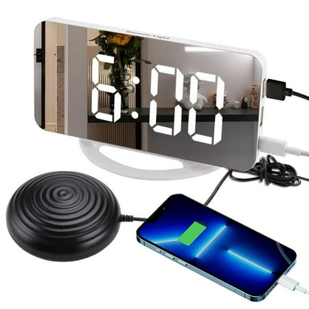 Extra Loud Alarm Clock for Heavy Sleeper with Bed Shaker for Hard of Hearing Deaf,Plug in Bedroom Mirror Clock,Phone Charger,Dimmer,Simple Digital Clock for Senior Adult Teen Kid