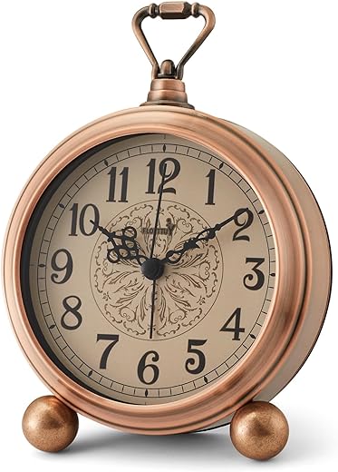 FLOITTUY 4.5" Battery Operated Antique Retro Analog Metal Alarm Clock, Silent Bedside Desk Clock, Wall-Hanging Vintage Clock(Vintage Bronze)