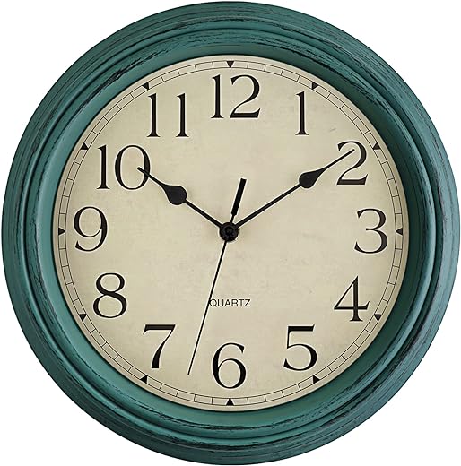 Foxtop Retro Silent Non-Ticking Round Classic Clock 12 inch Quartz Decorative Battery Operated Wall Clock for Living Room Kitchen Home Office (Turquoise)