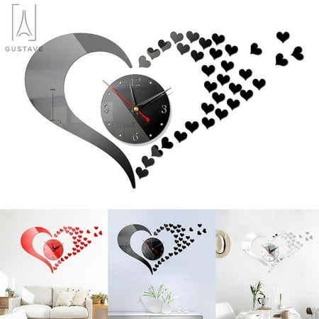 Gustave Mirror Wall Clock Modern Design 3D Wall Sticker Clock Heart-Shaped Silent Home Decor for Living Room Bedroom TV Wall Office DIY, Black