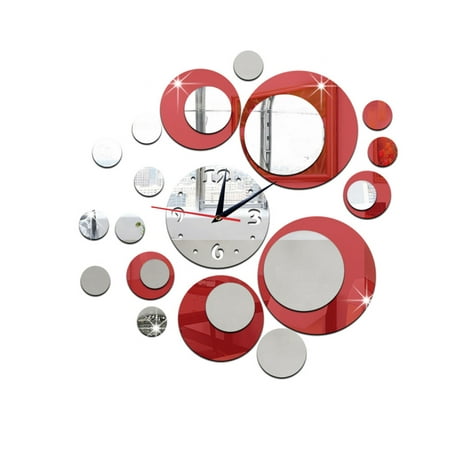 HOMEMAXS Red and Silver Circle 3D Crystal Mirror Wall Clock Acrylic Mirror Wall Sticker Clock Home Decor