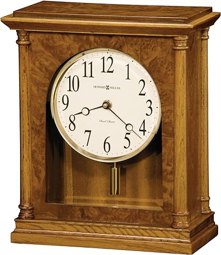 Howard Miller Leadore Mantel Clock 547-726 – Golden Oak Finish, Antique Home Decor, Brass-Finished Cylindrical Pendulum, Volume Control, Quartz, Dual-Chime Movement