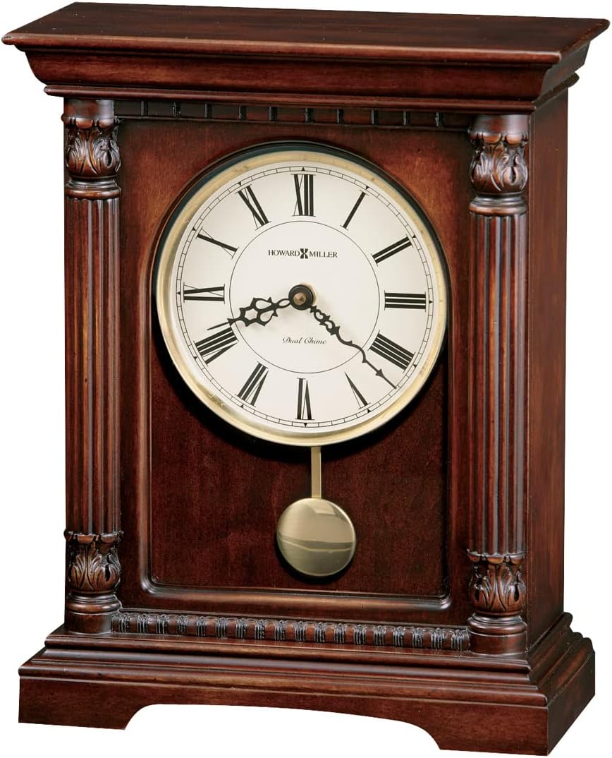 Howard Miller Lewiston Mantel Clock 547-727 – Hampton Cherry Finish, Vintage Home Decor, Brass Finished Pendulum, Quartz, Dual-Chime Movement, Volume Control